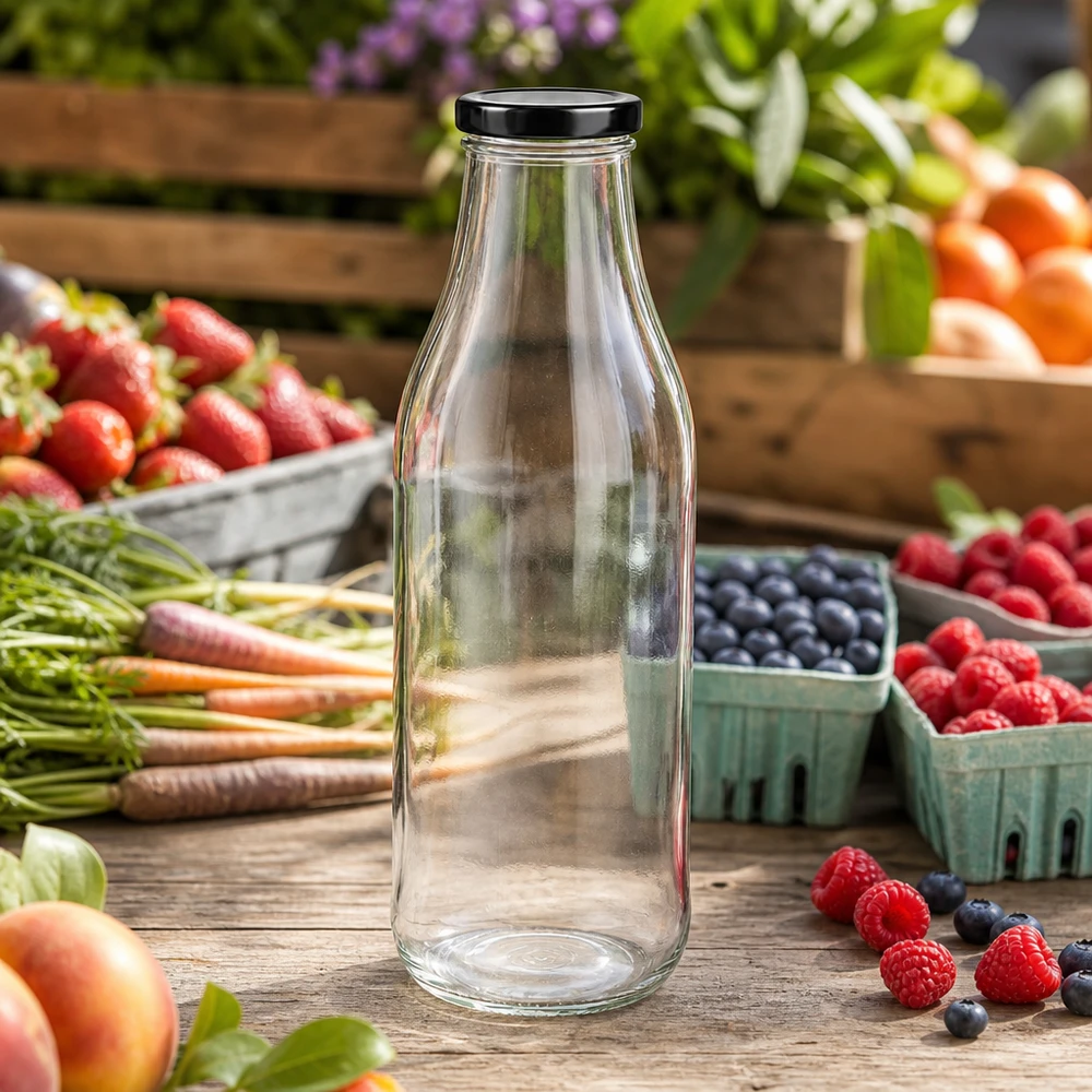 Botella de vidrio de 1000 ml + tapa BasicSeal negra UNiTWIST Botella de cristal de 1000 ml vacía sobre una mesa rústica de madera rodeada de bayas, frutas y verduras frescas al aire libre