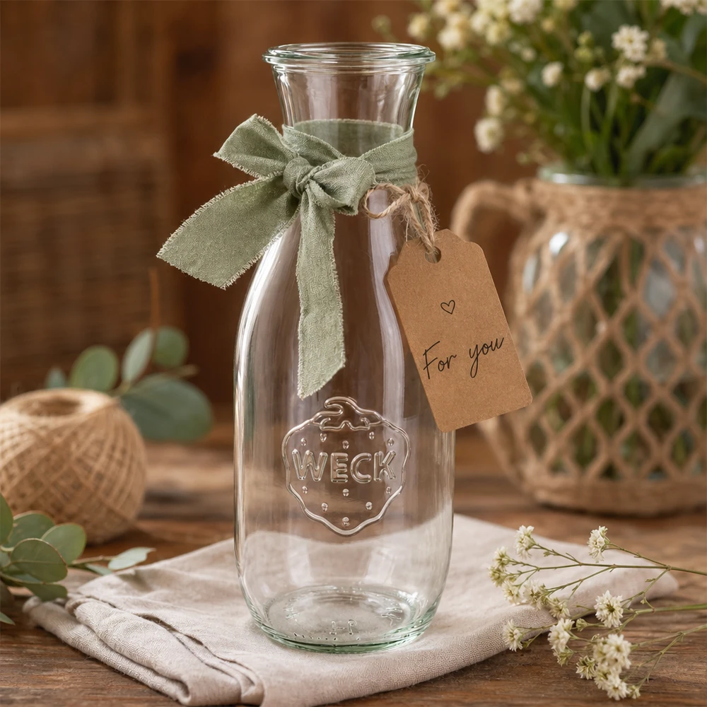 Botella para zumo WECK RR60 de 1062 ml Botella de zumo WECK 1062ml RR60 decorativa con cinta verde y etiqueta de regalo Para ti entre flores