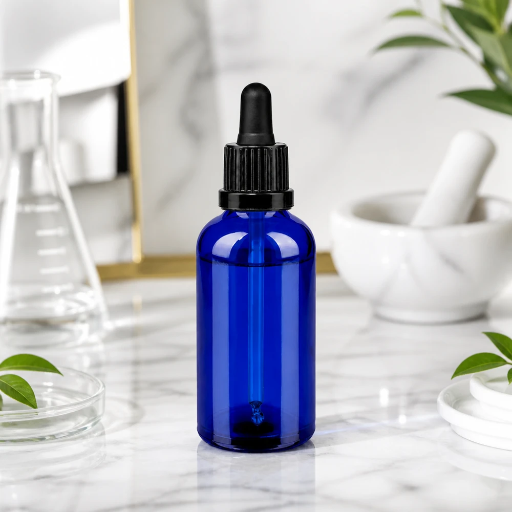 Frasco de pipeta de 50 ml de alta calidad fabricado en robusto vidrio de cobalto, ideal para sustancias fotosensibles