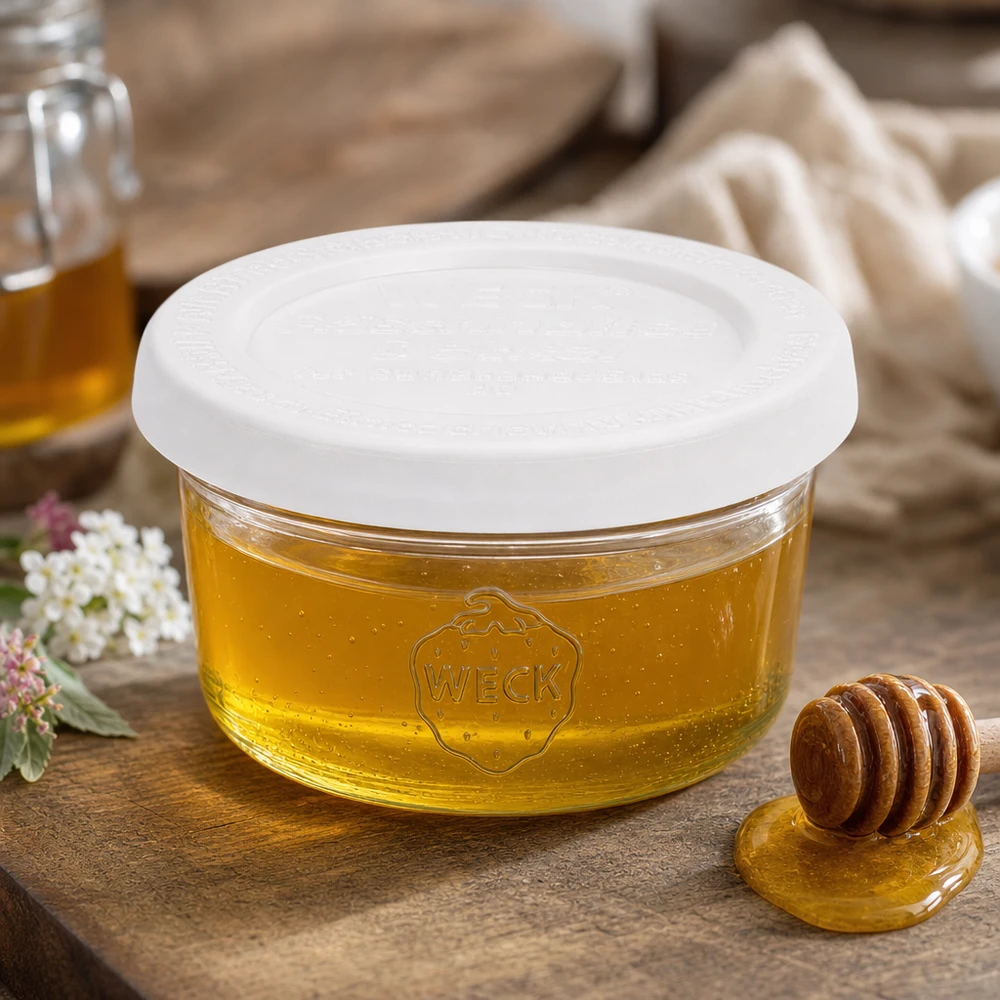 Tarro WECK RR60 de 50 ml lleno de miel y cuchara de miel sobre una mesa rústica de madera en una acogedora cocina