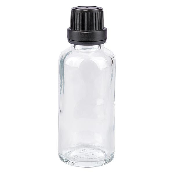 Botella de farmacia transparente 30ml tapón cuentagotas anillo vertedor 2mm cierre inviolable negro Botella de farmacia transparente 30ml tapón cuentagotas anillo vertedor 2mm cierre inviolable negro