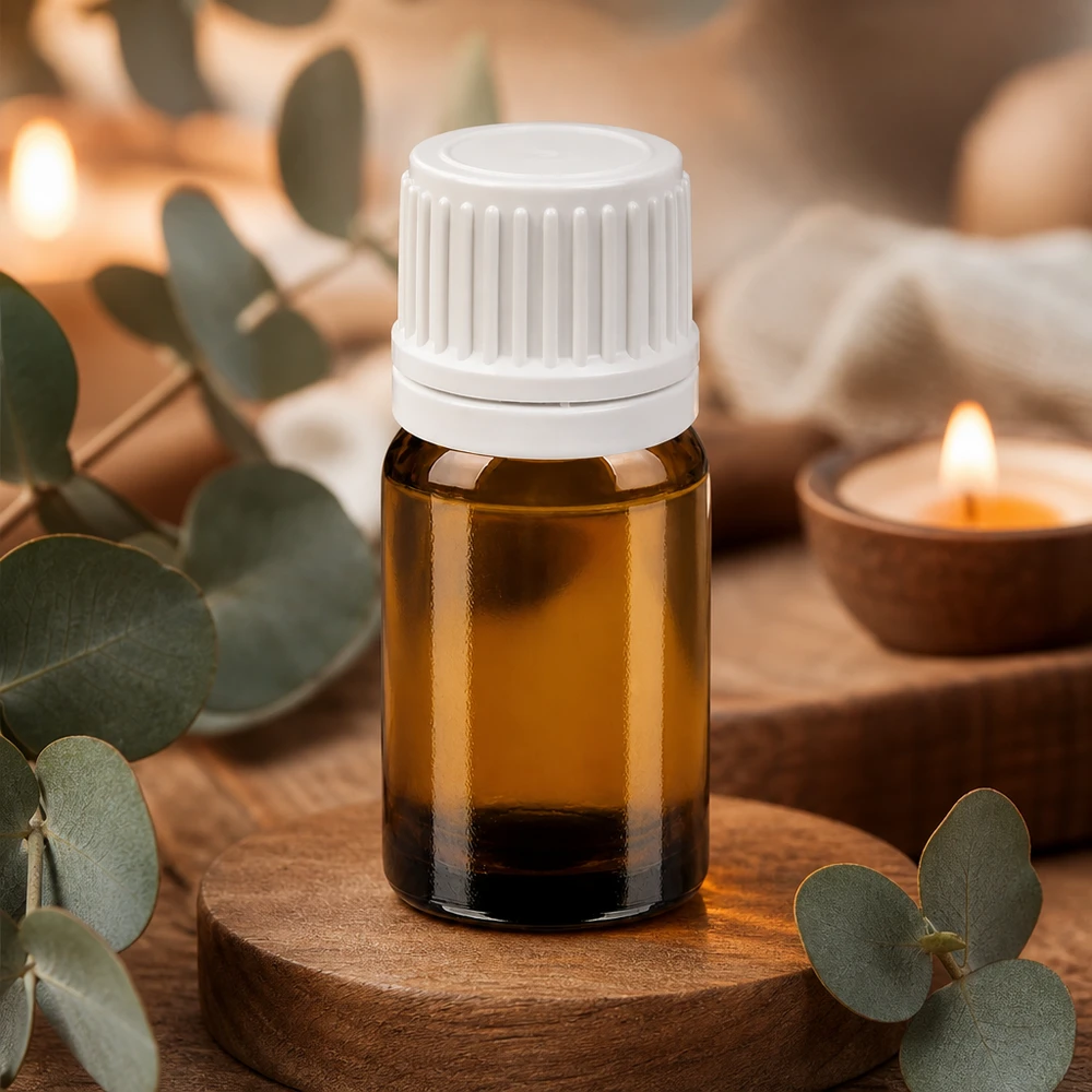 Frasco pequeño de vidrio ámbar de 5 ml con tapón blanco para aromaterapia y aceites esenciales