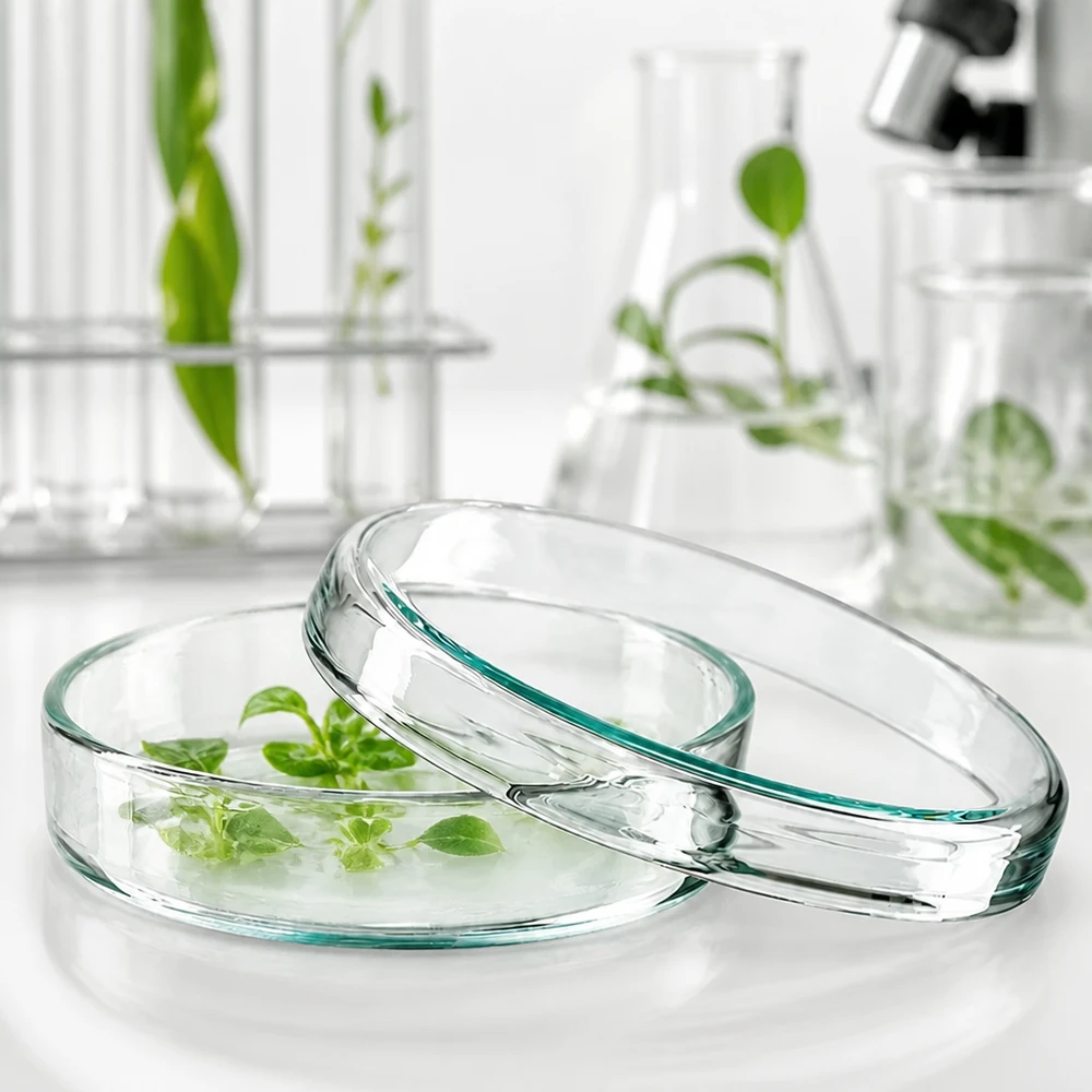 Placa de Petri de cristal de 70 x 15 mm con plántulas verdes en solución nutritiva para investigación botánica