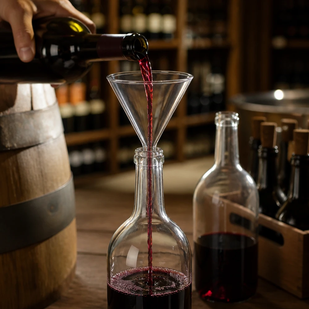 Embudo de cristal transparente de 100 mm con mango corto para el decantado profesional de vino y otros líquidos