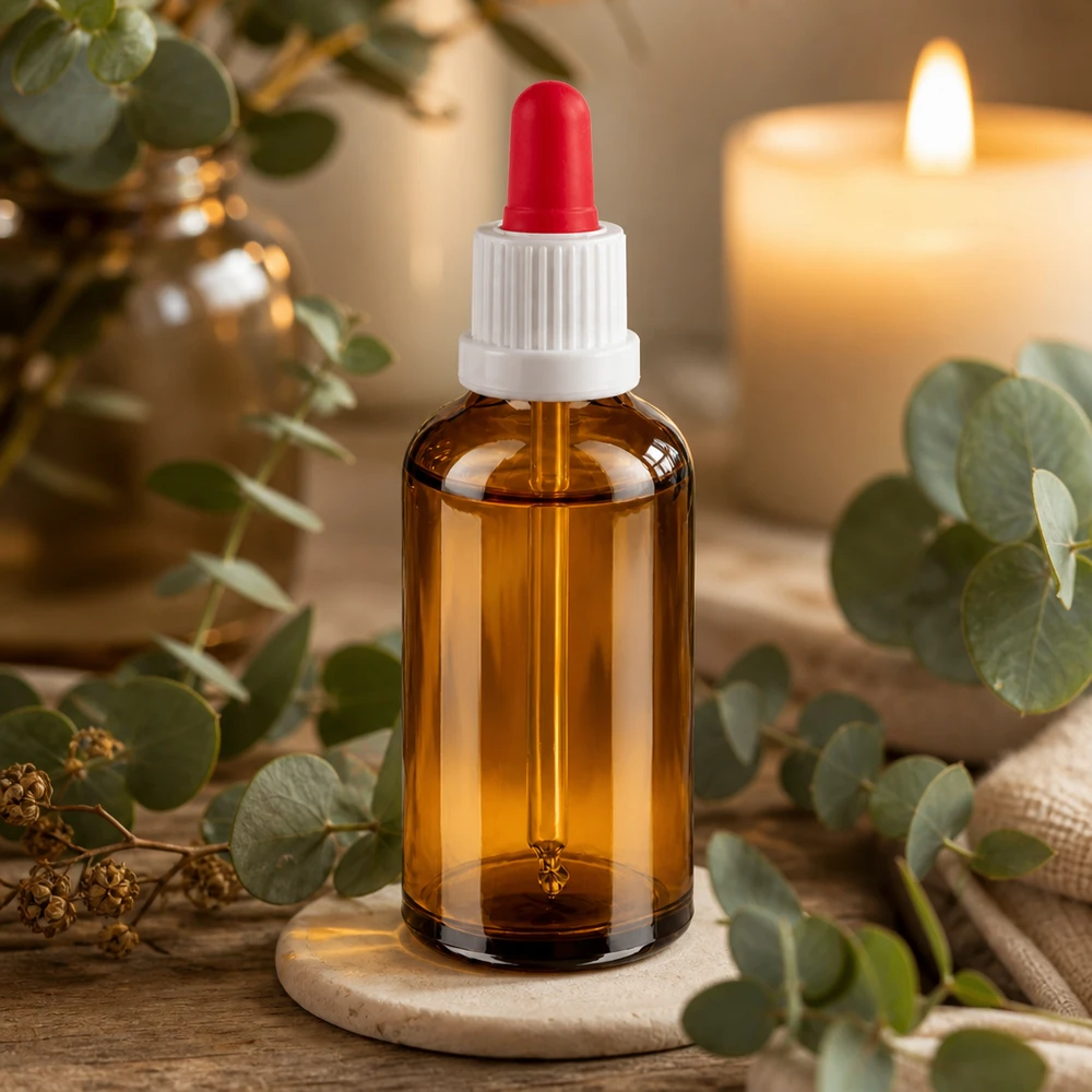 Frasco pipeta 50ml blanco/rojo cierre inviolable BrownLine UT18/50 Elegante frasco boticario de 50 ml de vidrio ámbar con protección UV y pipeta cuentagotas ergonómica