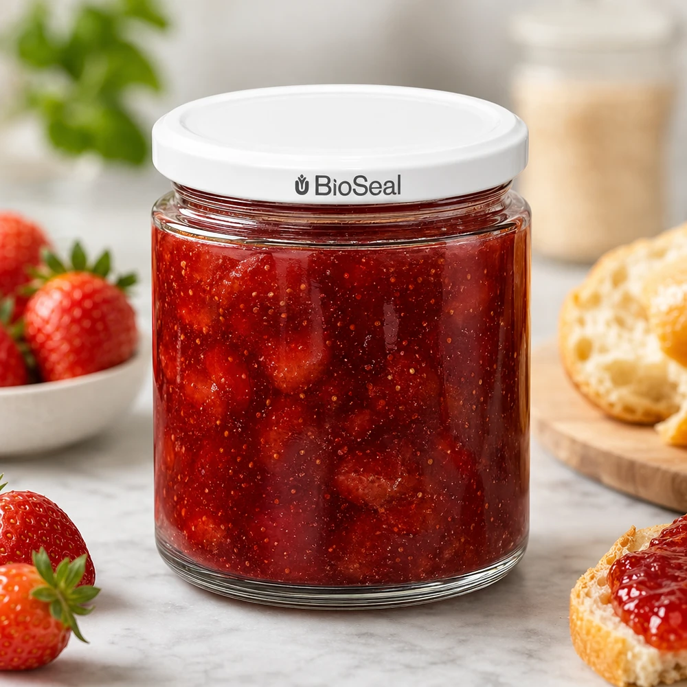Tarro de miel de 250 ml BioSeal UNiTWIST relleno de mermelada de fresa casera servido con fresas frescas y panecillos