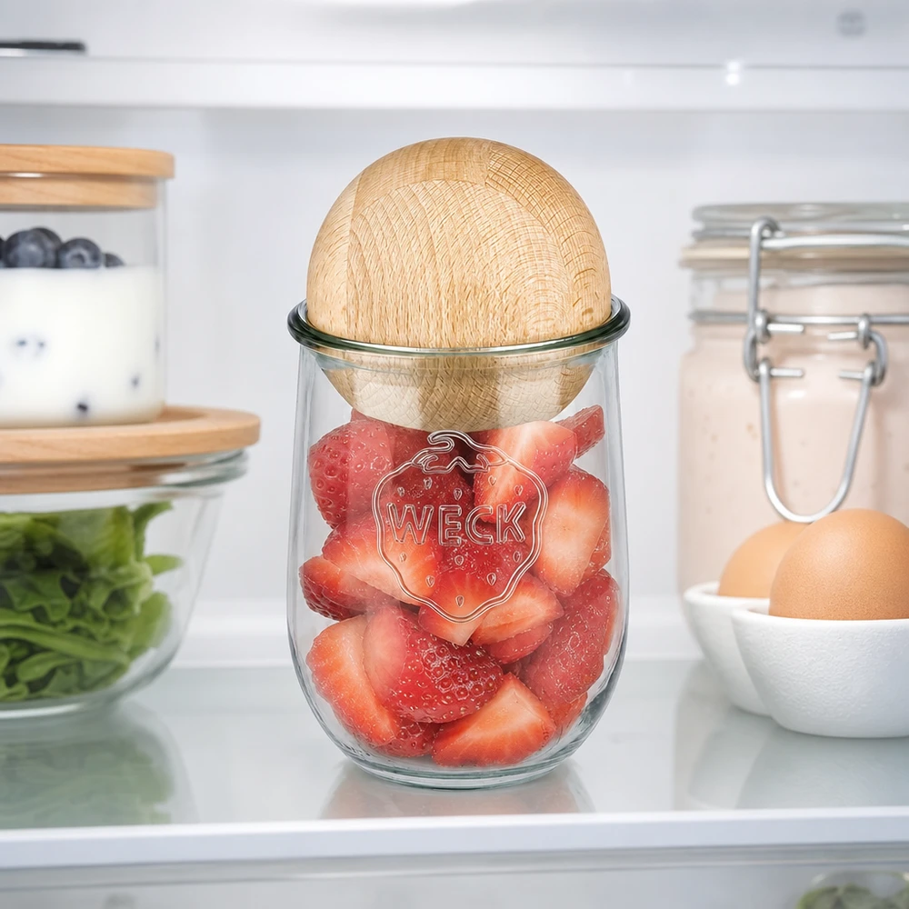 Tarro tulipa WECK RR100 1062ml con bola de madera de haya El tarro tulipán WECK 1062ml RR100 con bola de haya en la nevera lleno de fresas frescas muestra una retención óptima de la frescura
