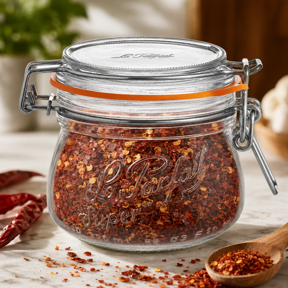 250ml Le Parfait tarro de almacenamiento súper con tapa oscilante lleno de mezcla de especias de chile en la mesa de madera