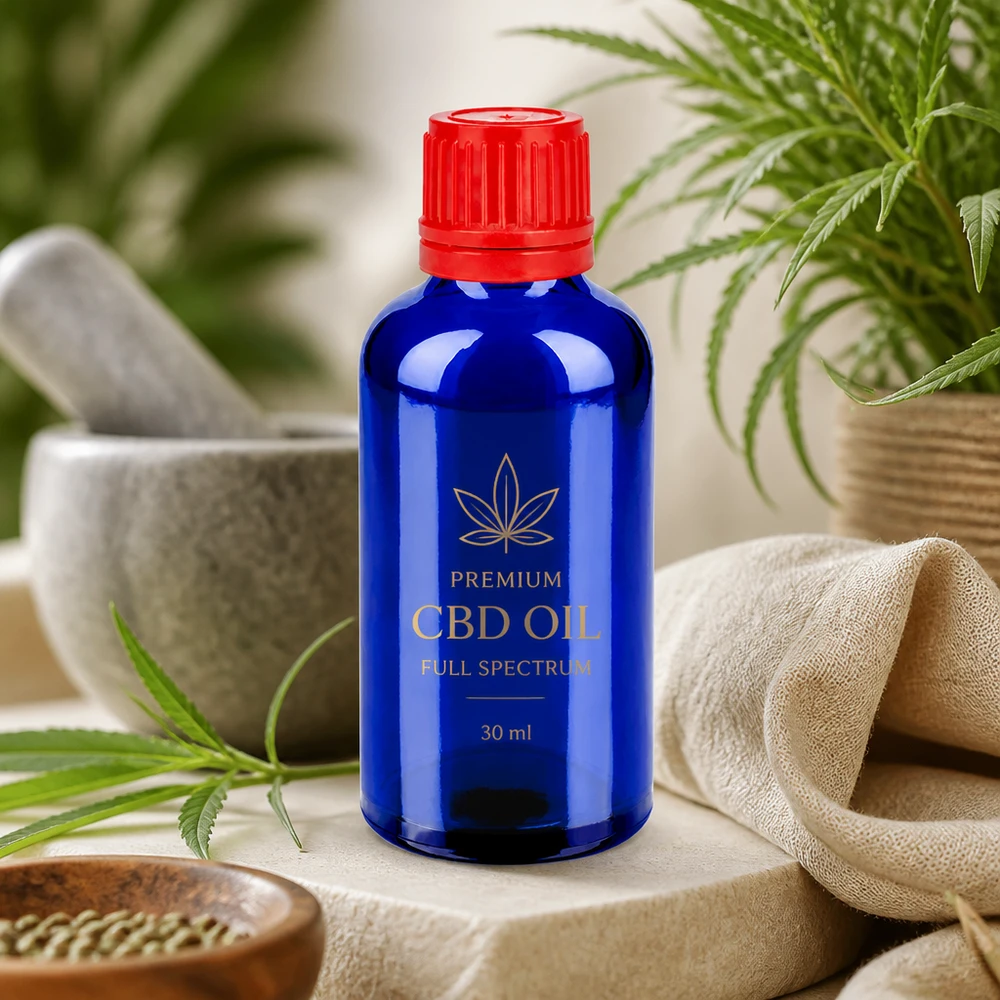 Botella 50ml tapón rosca 11mm rojo cierre inviolable BlueLine UT18/50 Frasco cuentagotas de 50 ml SV 11 mm rojo OV BlueLine UT18/50 ideal para aceite de CBD y tinturas