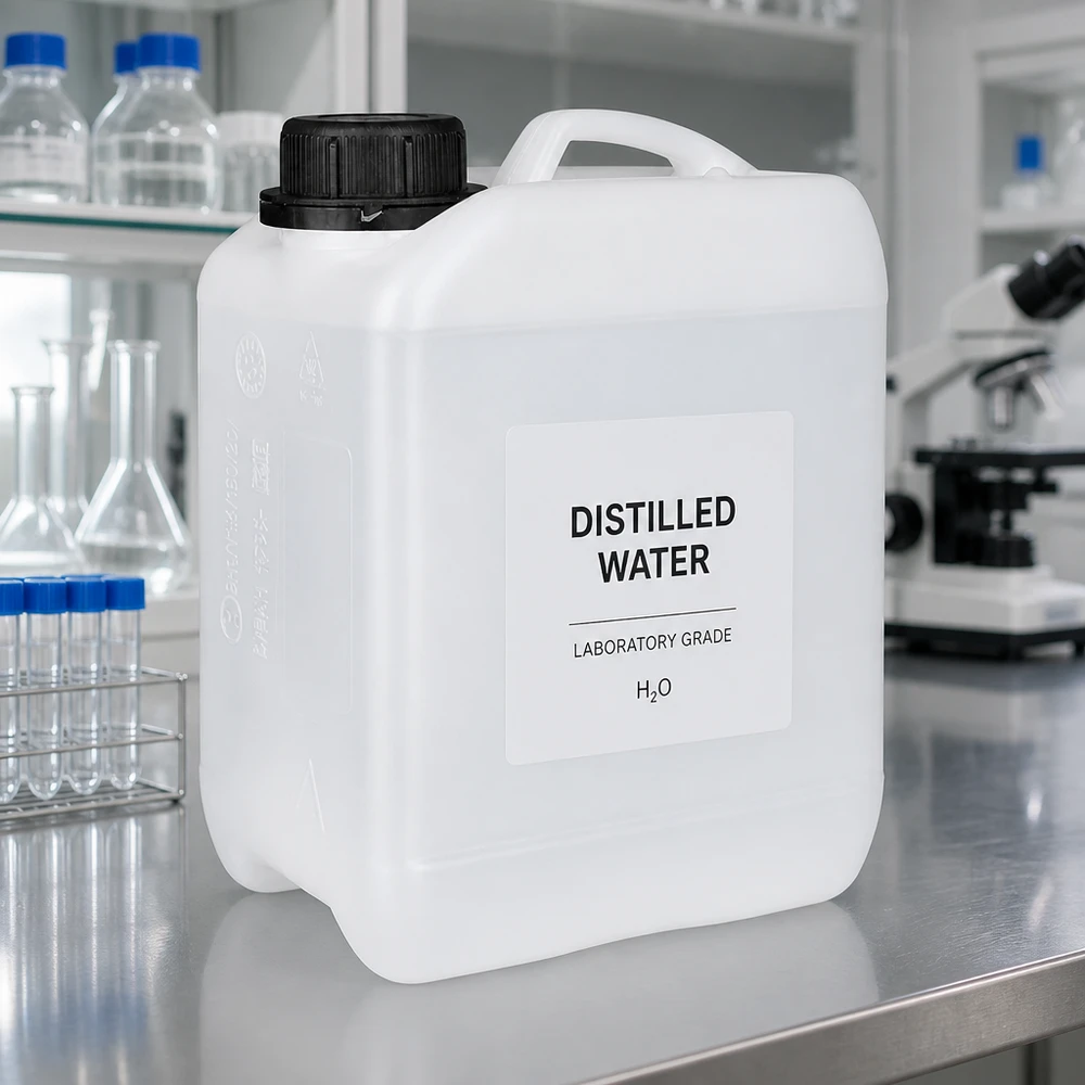 Bidón de laboratorio de 2,5 litros de HDPE blanco con tapón OV negro para agua destilada