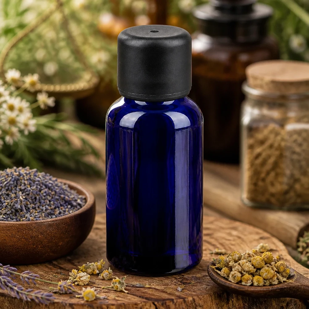 Frasco de vidrio violeta de 20 ml de la serie BlueLine con tapón estándar negro para la protección UV de ingredientes naturales