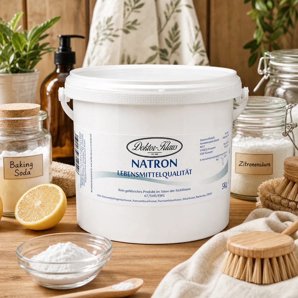 Natron Doktor Klaus 5kg producto de limpieza ecológico junto a limón y levadura en polvo sobre mesa de madera