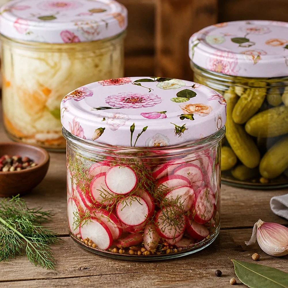 Vasos de 225 ml con tapa floral para conservar verduras y encurtidos - fermentación y conservación