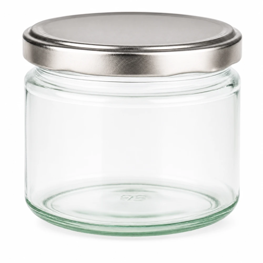 Tarro redondo de 330ml con tapa BasicSeal plata UNiTWIST Tarro redondo de 330 ml con tapa plateada BasicSeal vacío sobre fondo blanco Tarro para conservas Tarro de almacenaje