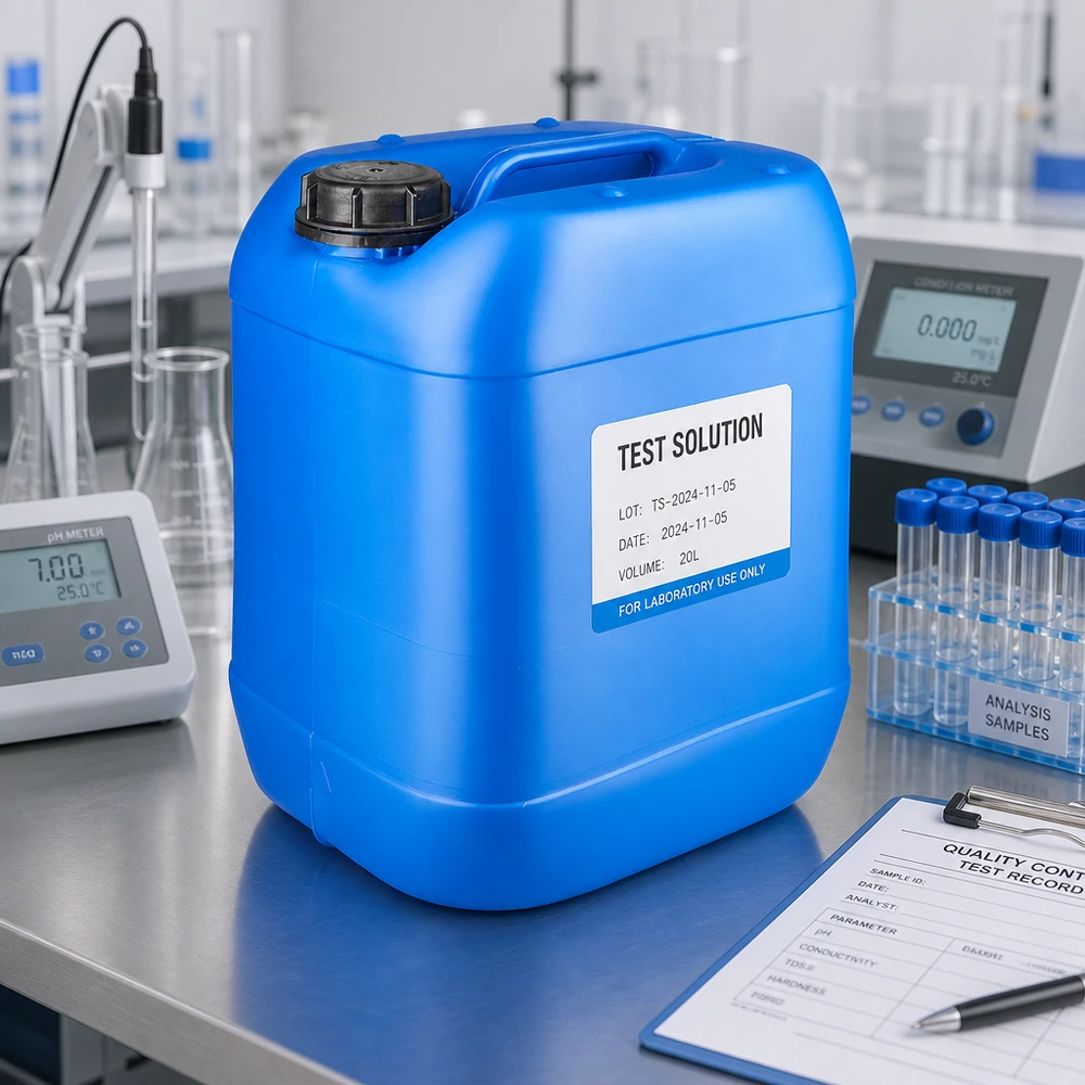 Bidón 20 litros azul con tapón de rosca cierre inviolable Bidón de laboratorio azul de 20 litros con tapón OV negro y etiqueta blanca sobre una mesa de acero inoxidable