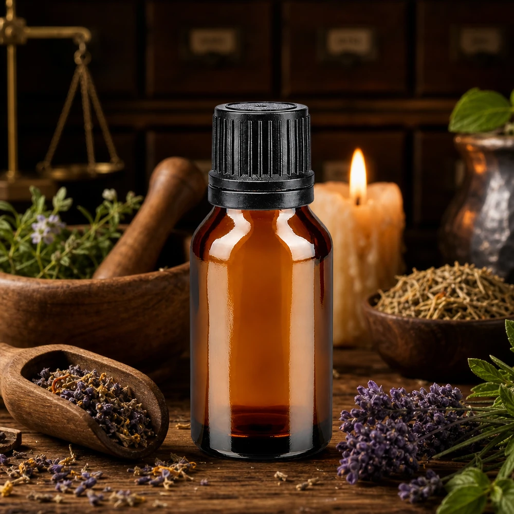 Botella de farmacia marrón 15ml tapón cuentagotas anillo vertedor 1mm negro cierre inviolable Frasco de aceite esencial de 15 ml de cristal ámbar con tapón negro, decorado con una vela y hierbas
