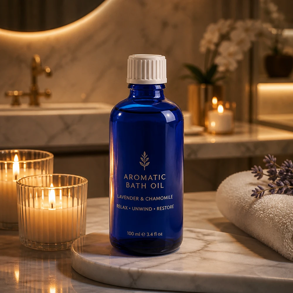 Frasco de cristal azul de 50 ml con tapón de rosca blanco para aceite de baño de lavanda y manzanilla, con un ambiente de spa