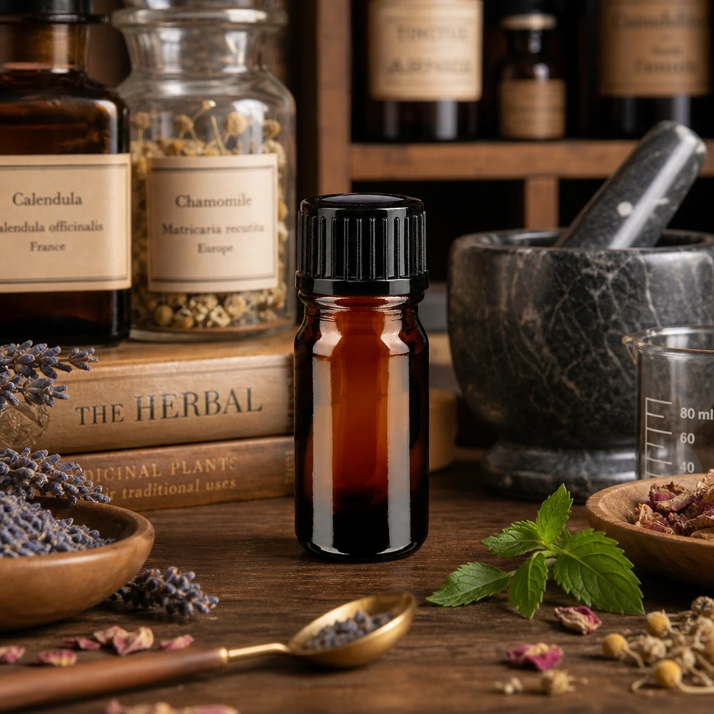 Frasco de cristal marrón de 5 ml con tapón de rosca negro, entre libros de hierbas y plantas medicinales
