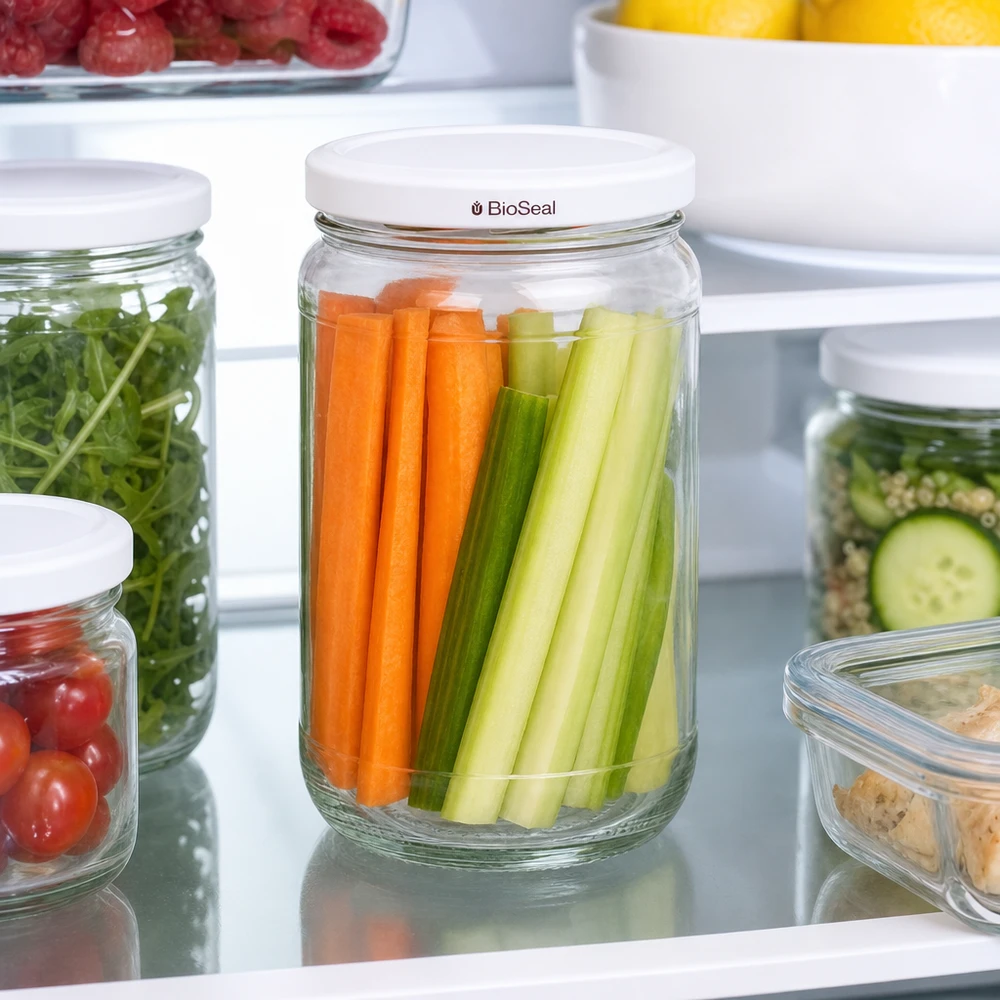 Tarro redondo de 305ml + tapa BioSeal blanca UNiTWIST UNiTWIST Runda305 im Kühlschrank mit frischen Karottensticks und Sellerie - optimale Gemüse-Frischhaltung dank BioSeal