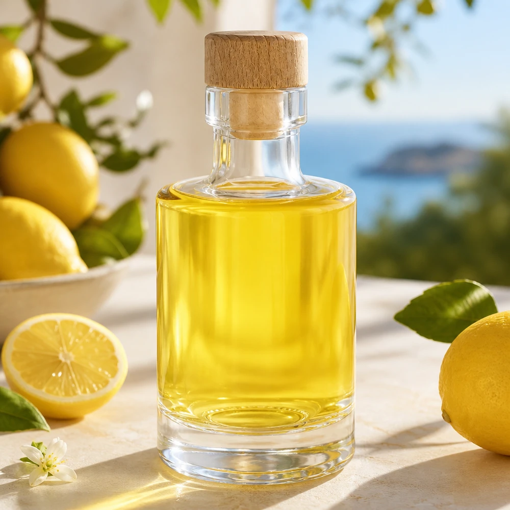 Botella de cristal de 100 ml Marie con tapón de madera llena de aceite de limón en una cocina soleada con limones frescos y hojas de cítricos