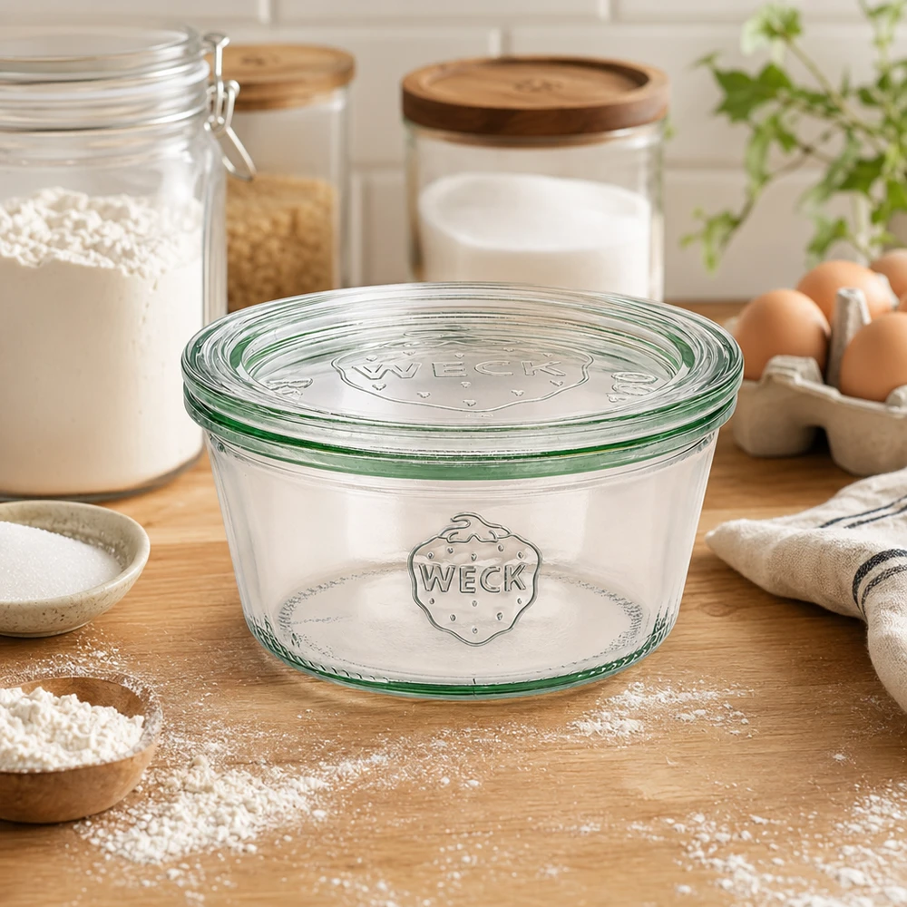 WECK vasos 290ml RR100 en la cocina con harina, huevos y tarros de almacenamiento como accesorios de panadería y solución de almacenamiento
