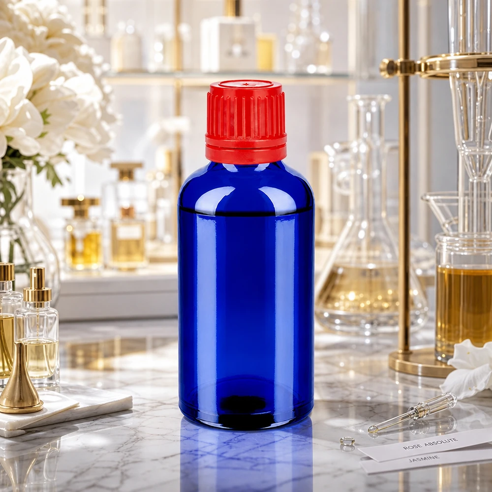 Botella compacta de 50 ml en elegante azul con tapón SV rojo de 11 mm OV BlueLine UT18/50