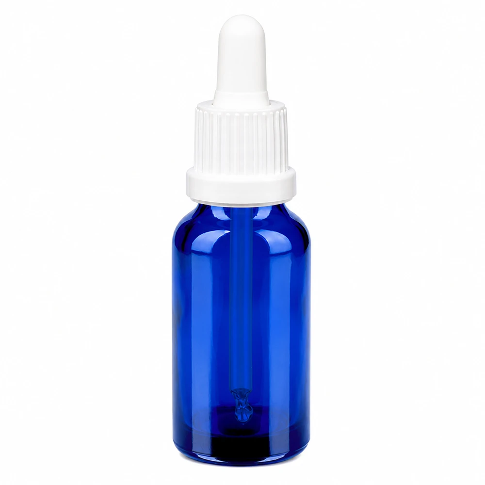 Frasco pipeta 20ml cierre inviolable blanco BlueLine UT18/20 Frasco pipeta de 20 ml de vidrio azul con pipeta blanca para una dosificación precisa