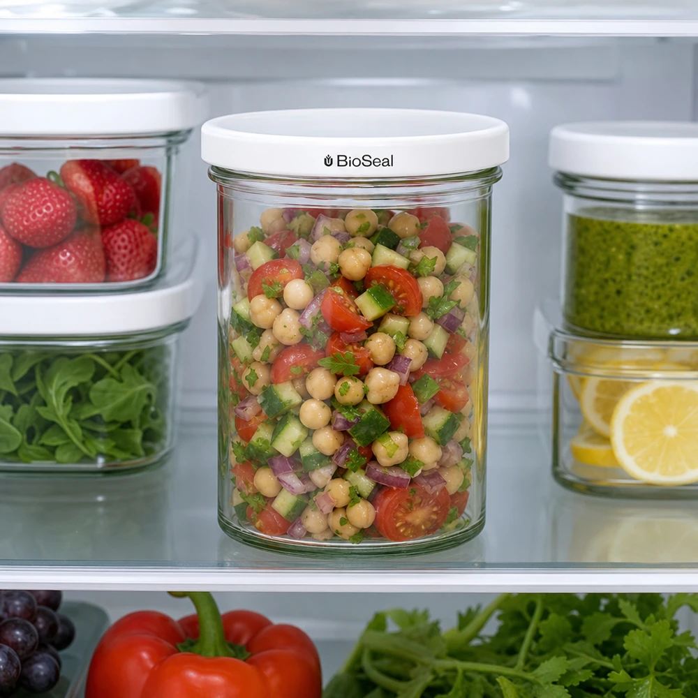 Vasos de 435ml con tapa blanca BioSeal UNiTWIST El tarro UNiTWIST 435ml en la nevera lleno de ensalada de garbanzos muestra el práctico almacenamiento de Meal Prep