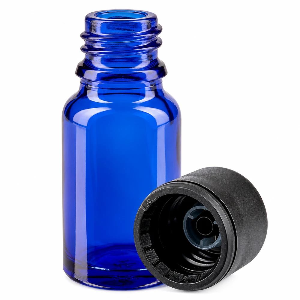 Botella de 10 ml con tapón de rosca de 6 mm negro estándar BlueLine UT18/10