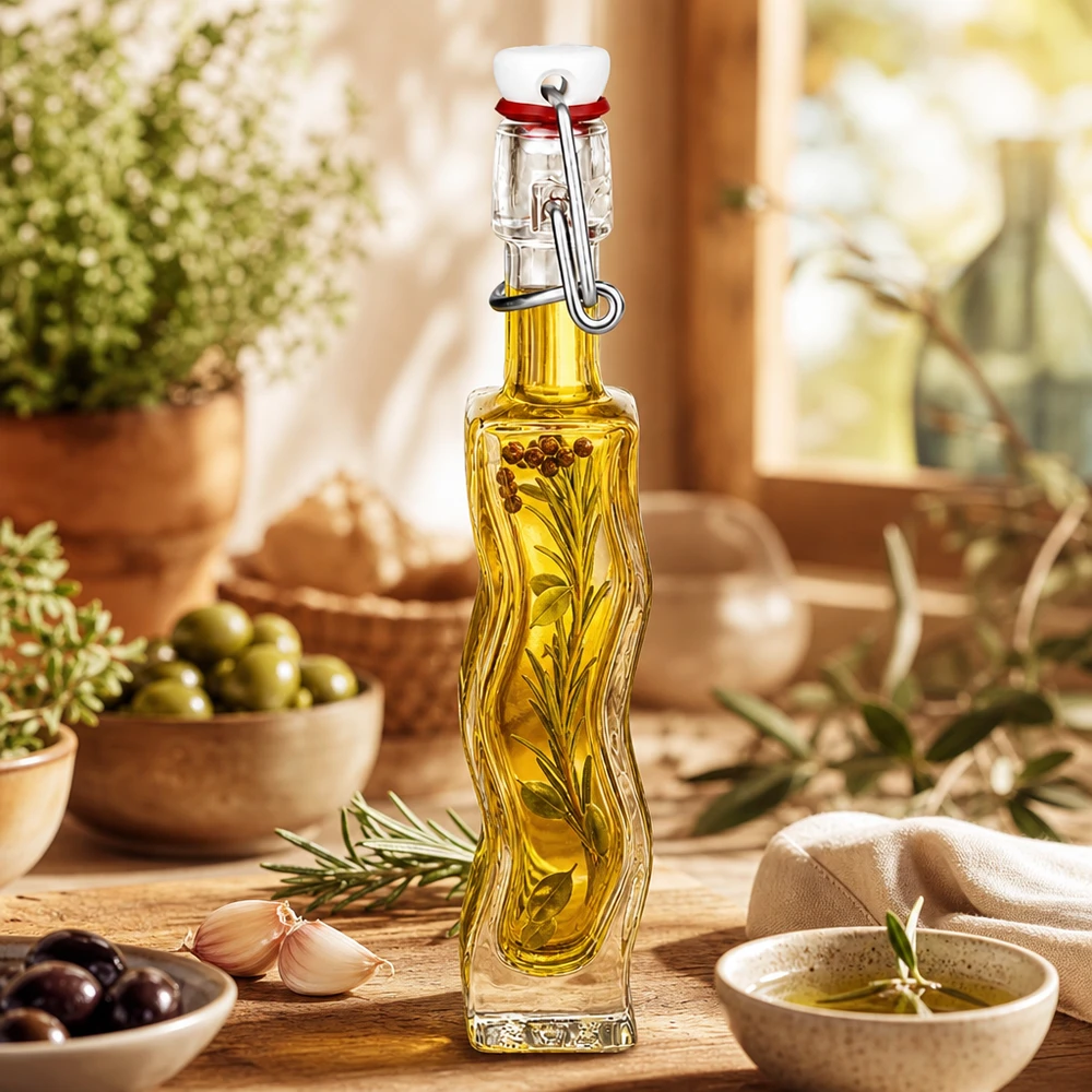 Botella de vidrio de 40 ml «Fila» con tapón de PVC UNiTWIST® Botella de cristal de 40 ml Anna llena de aceite de hierbas, decoración mediterránea con aceitunas y romero sobre una mesa de madera