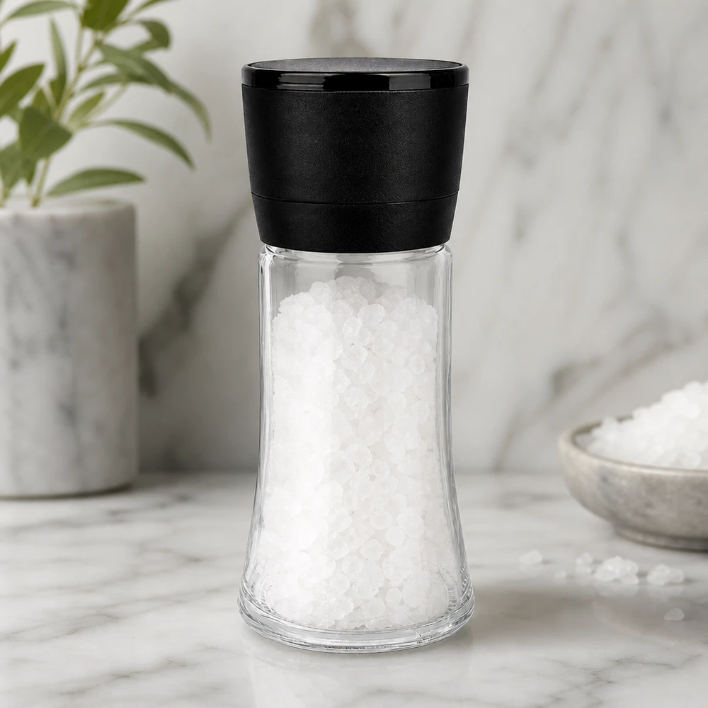 Frasco para sal y especias de 95 ml con molinillo Vario negro Molinillo de sal de 95 ml con mecanismo de molienda negro, relleno de sal marina gruesa, sobre una base de mármol