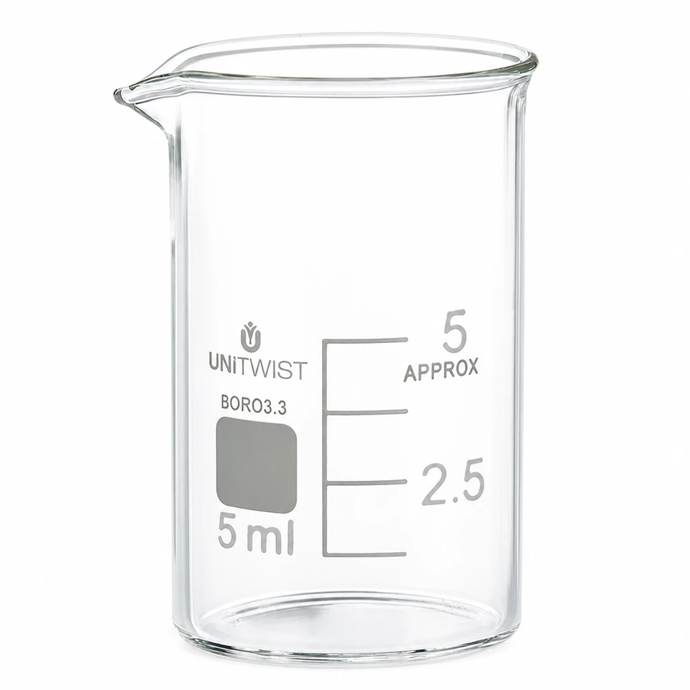 Vaso de precipitados de 5 ml de borosilicato, de forma baja, de la marca UNiTWIST, con escala y pico vertedor
