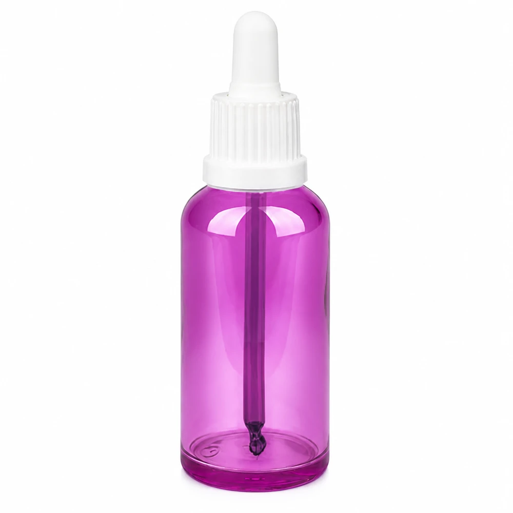 Frasco de pipeta de 50 ml tapón de rosca originalidad blanco PurpleLine UT18/50 Frasco pipeta de 50 ml púrpura transparente con tapón blanco para una dosificación precisa