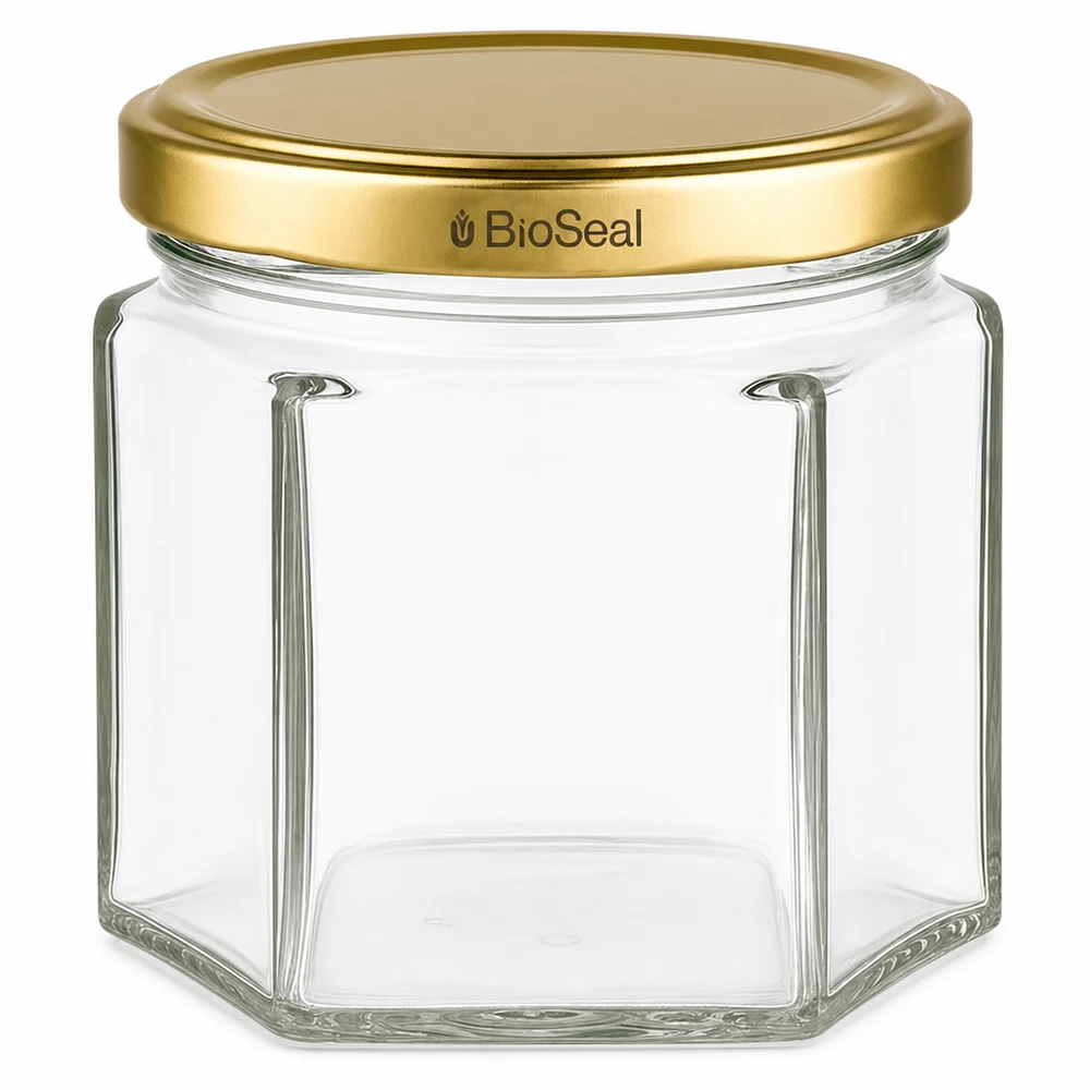 Frasco hexa de 47ml con tapa dorada UNiTWIST BioSeal Tarro de cristal hexagonal UNiTWIST Hexa47 con tapa dorada TO43 BioSeal para conservación y almacenamiento