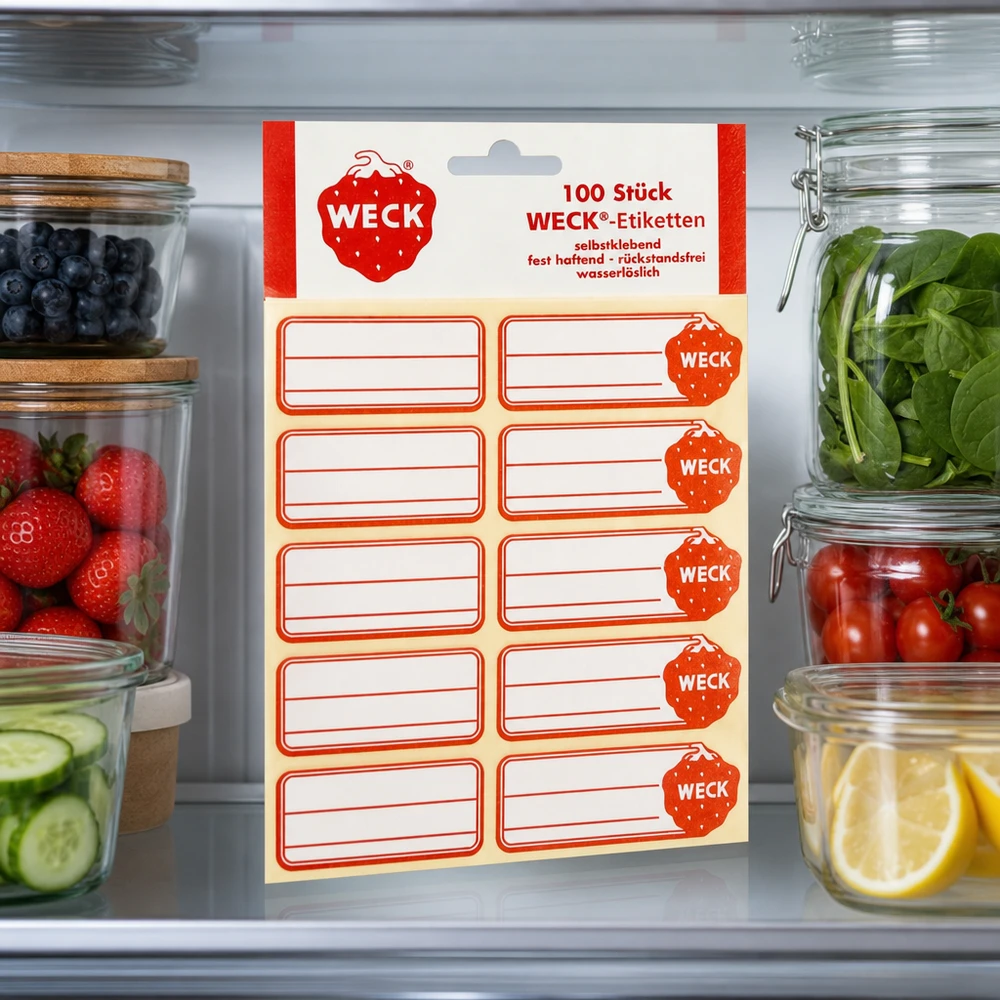 Etiquetas WECK de 19 x 13 mm (paquete(s) de 100 unidades) WECK Etiketten im Kühlschrank zwischen Vorratsgläsern mit Obst Gemüse zeigen praktische Küchen-Organisation