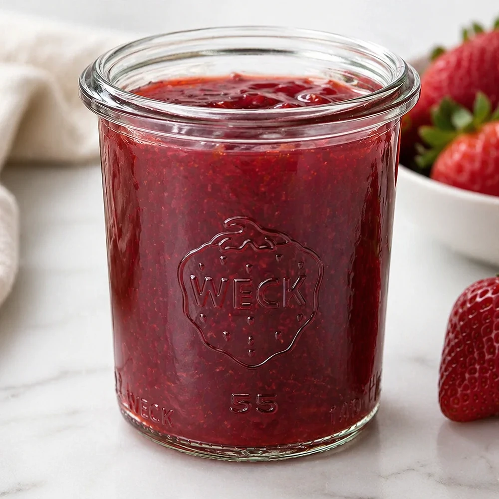 Vasos de 140 ml WECK RR60 Vasos WECK RR60 de 140 ml llenos de mermelada de fresa roja junto a fresas frescas sobre una superficie blanca