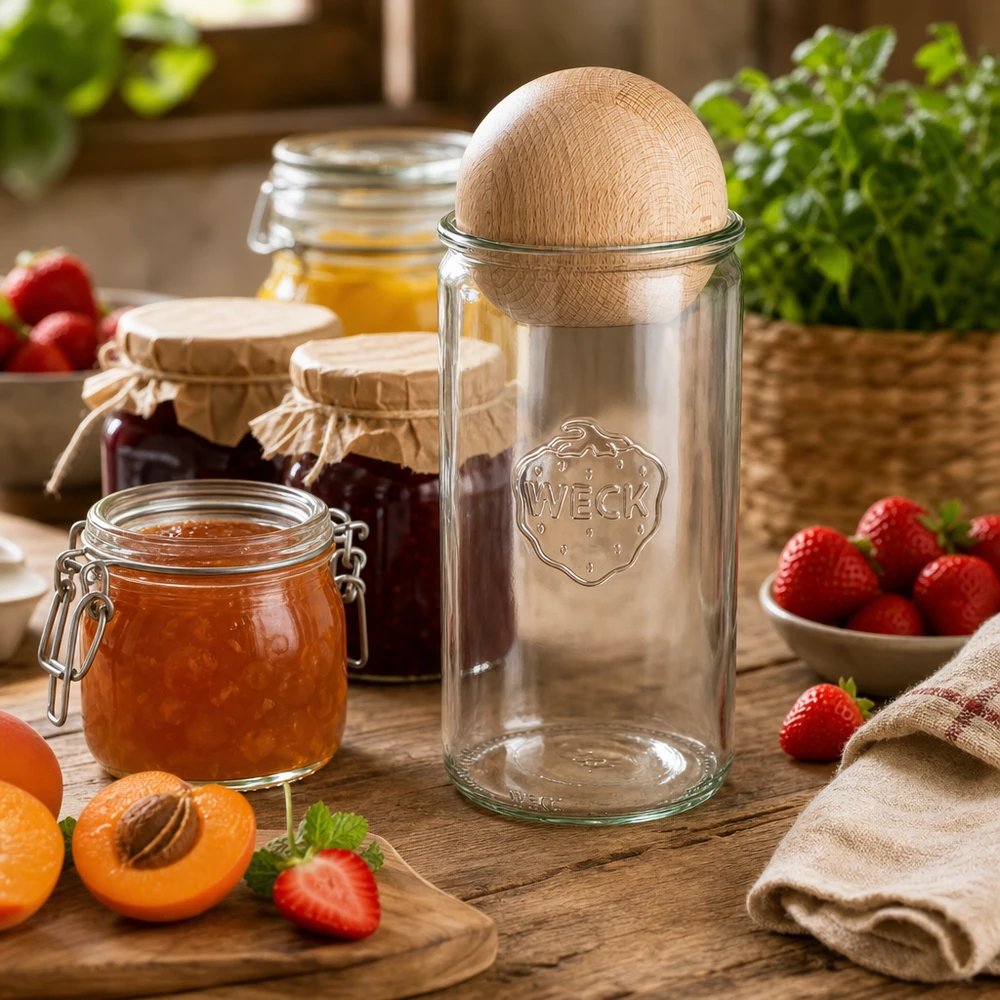 Vaso cilíndrico de 1590ml WECK RR100 con bola de madera de haya Tarro WECK 1590ml RR100 con bola de madera de haya en la cocina entre mermeladas, fruta fresca y hierbas aromáticas