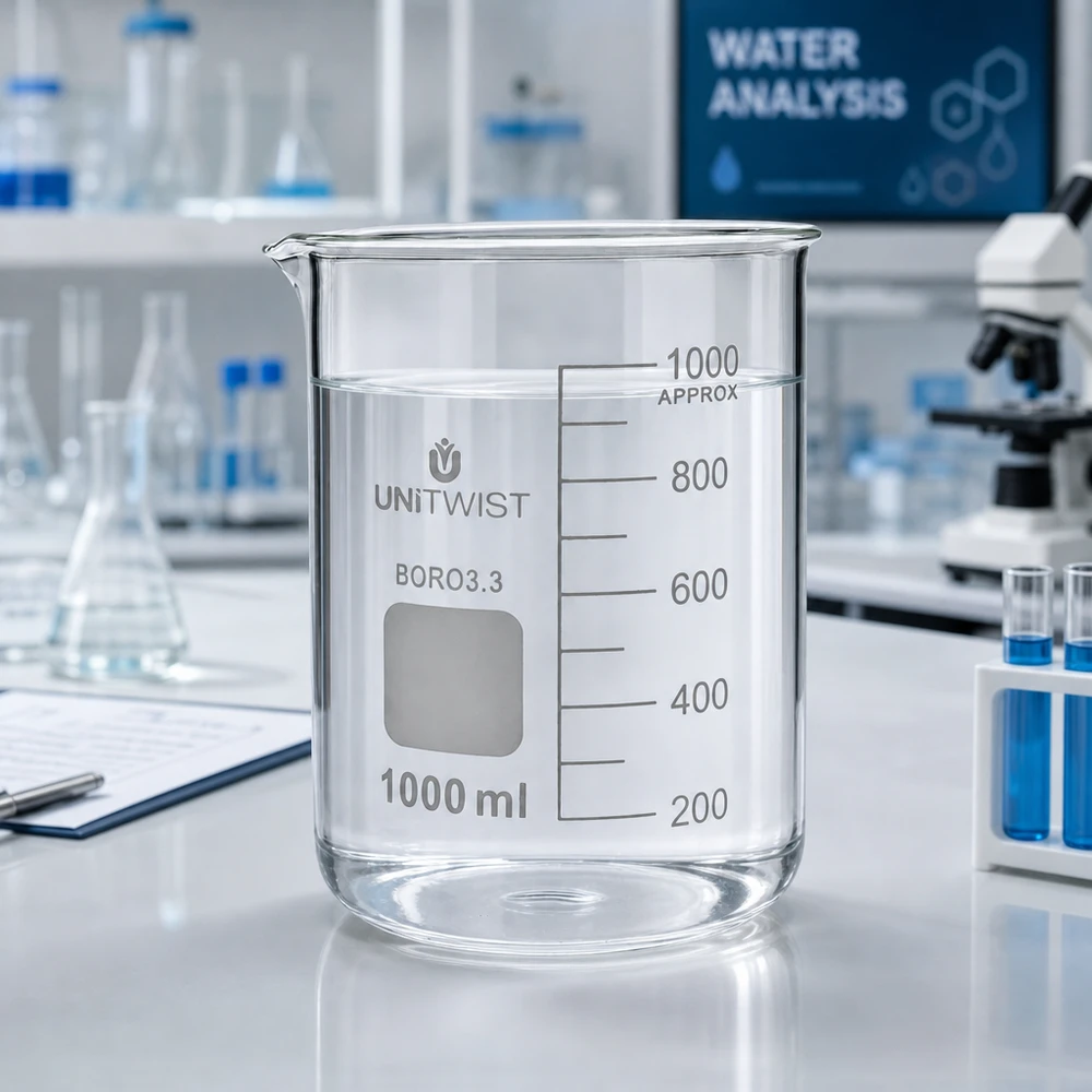 Vaso de precipitados UNiTWIST de 1000 ml, de borosilicato, de perfil bajo, con agua en el laboratorio de análisis