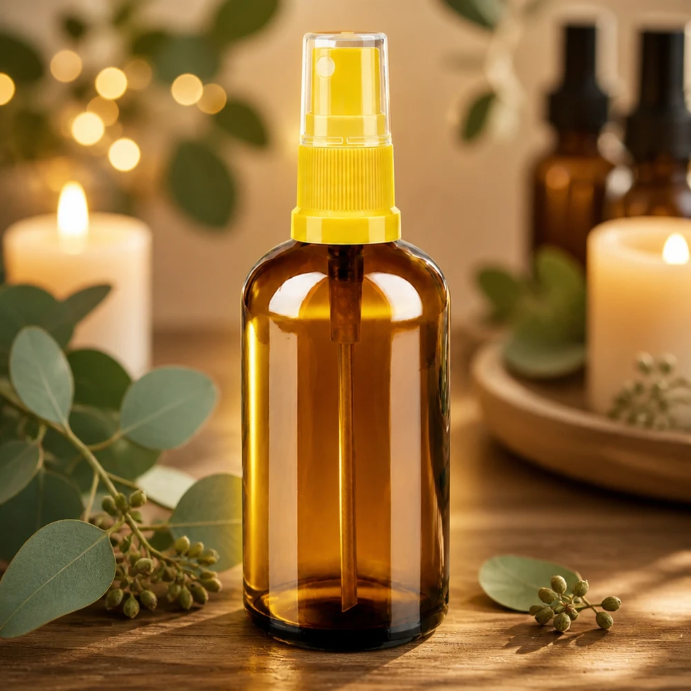 Frasco pulverizador de 100 ml amarillo/transparente con tapón estándar BrownLine UT18/100 Cabezal pulverizador amarillo en botella de cristal marrón de 100 ml para aceites esenciales y aromaterapia