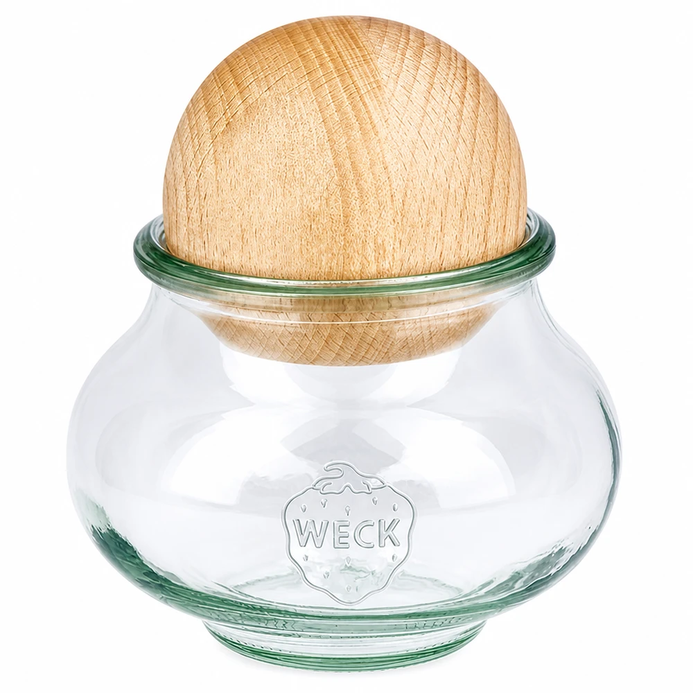 Tarro para delicatessen de 560ml WECK RR80 con bola de madera de haya WECK tarro para joyas 560ml RR80 con tapa de bola de haya tarro de madera con cierre de corcho transparente