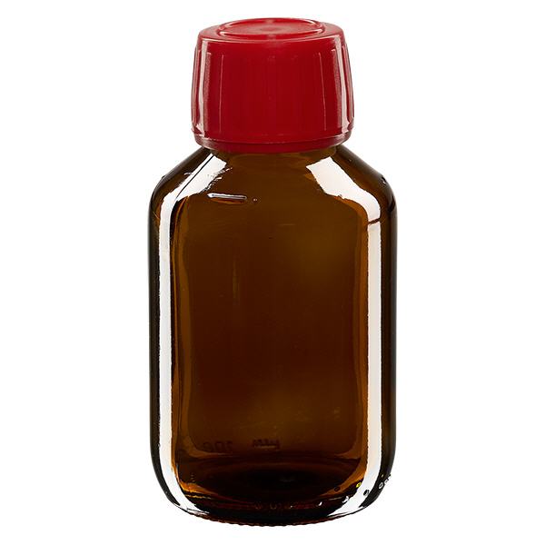 Frasco medicamento 100ml marrón, tapón rojo con precinto de seguridad ApoGlas Frasco medicamento 100ml marrón, tapón rojo con precinto de seguridad ApoGlas