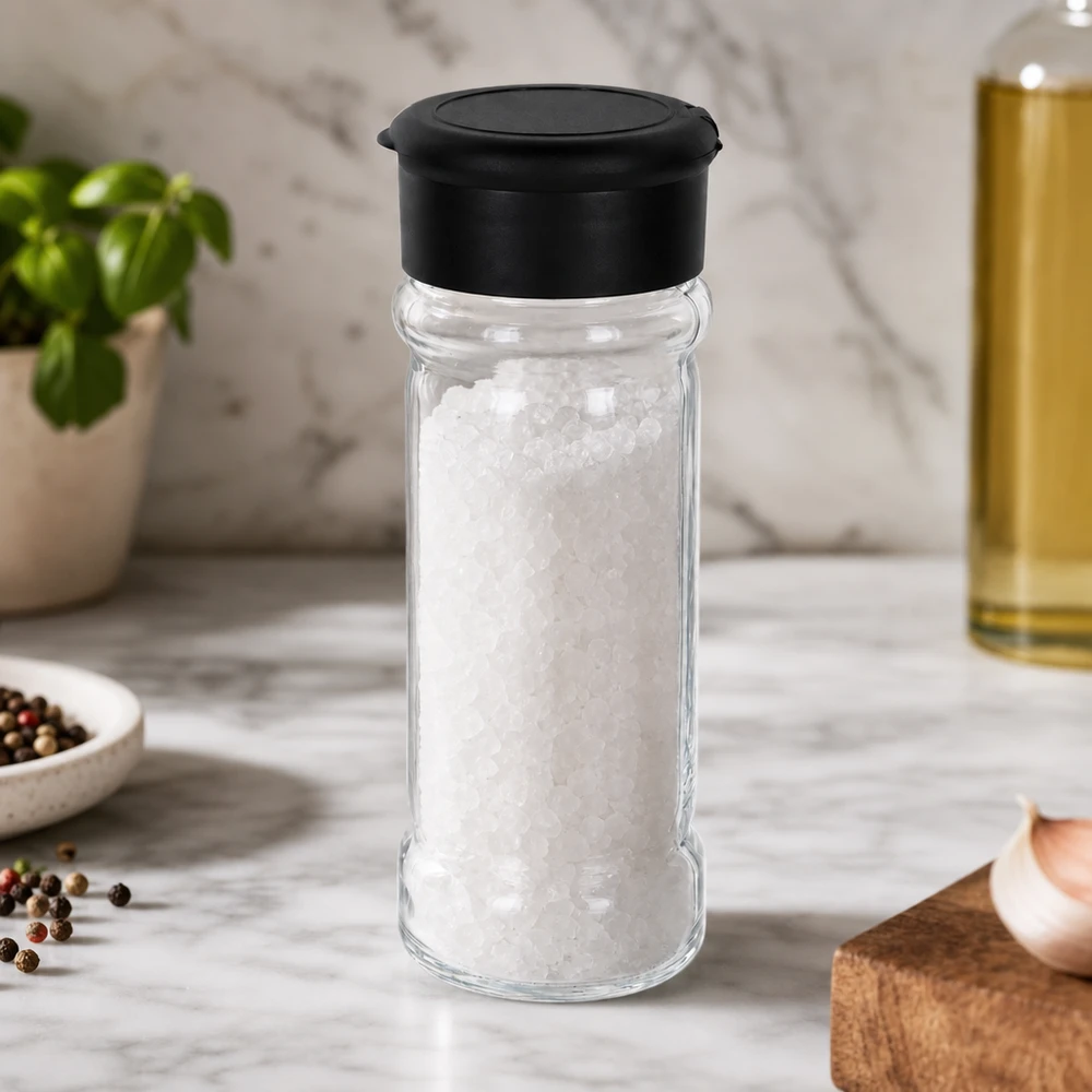 Frasco para especias de 100 ml lleno de sal marina gruesa, con tapa dosificadora negra sobre una base de mármol