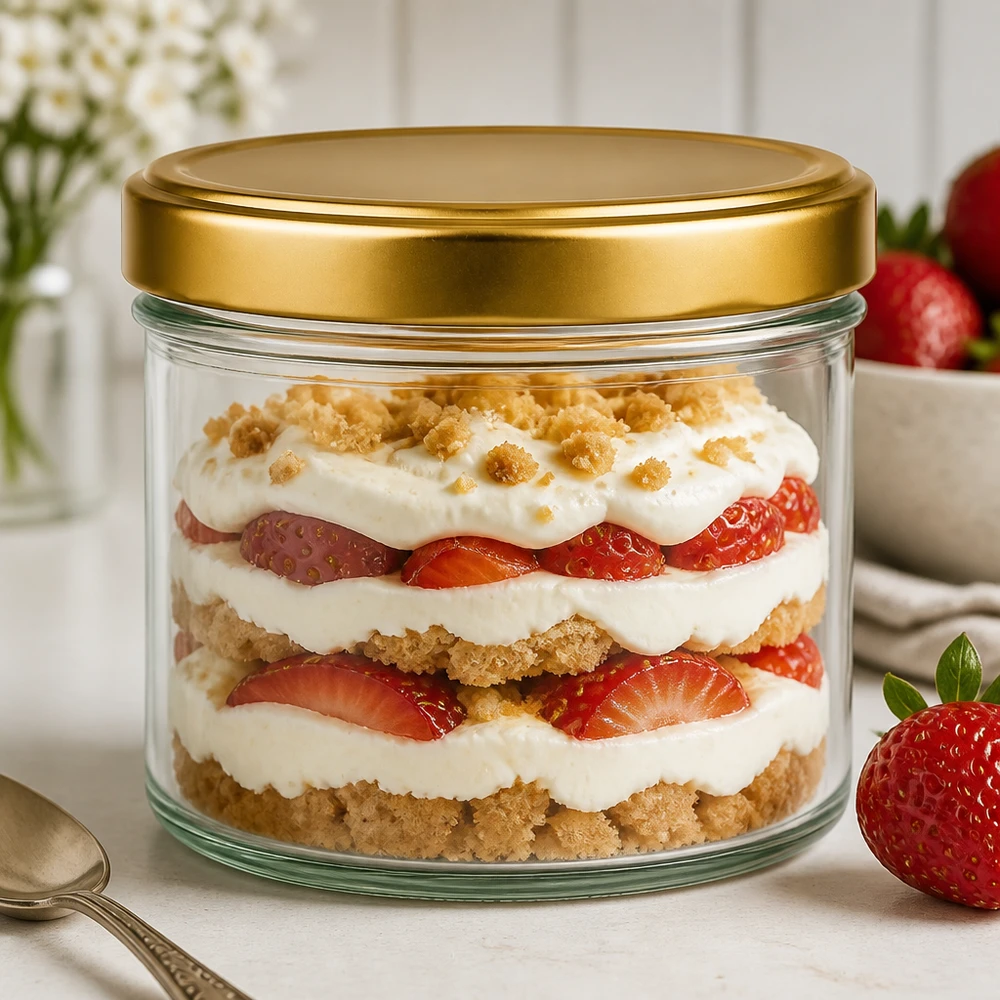 Tarro cilíndrico de 230ml con tapa BasicSeal oro UT 230ml Zylinderglas mit goldenem BasicSeal Deckel als schickes Dessertglas für geschichtetes Erdbeer-Trifle Nachtisch