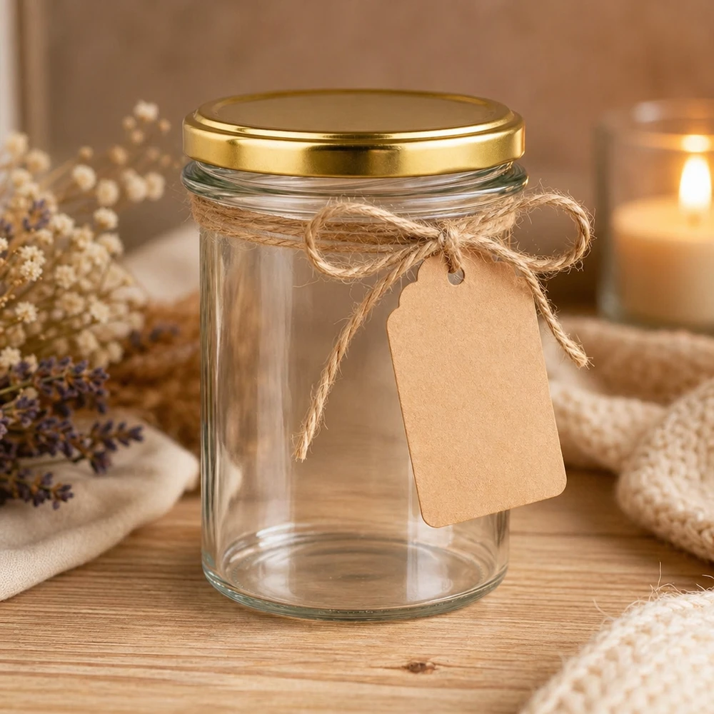 Vasos de 230 ml con tapa dorada BasicSeal UNiTWIST decorativos con cordón de yute y etiqueta de papel como idea de regalo