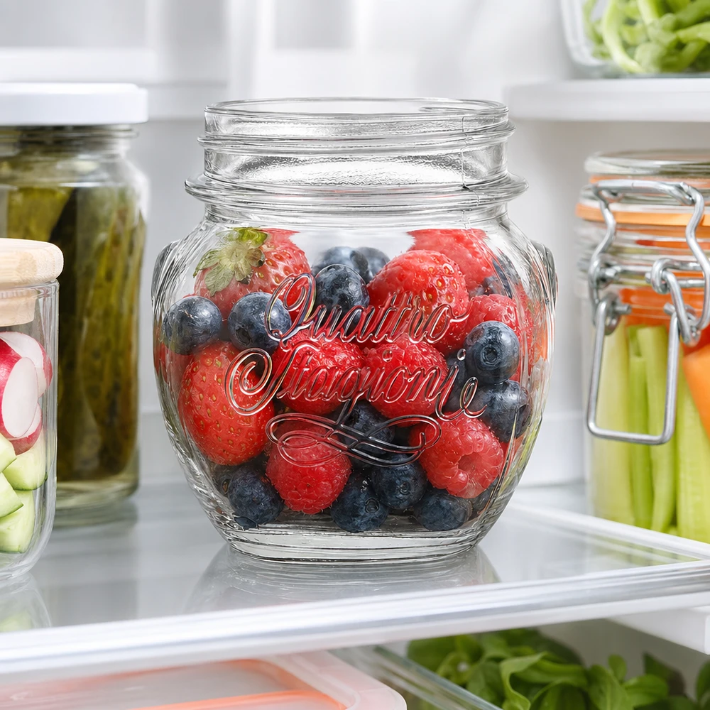 Vaso redondo de 300ml "Quattro Stagioni" QS70mm Tarro doméstico Quattro Stagioni de 300 ml con bayas frescas en el frigorífico para almacenar alimentos y preparar comidas