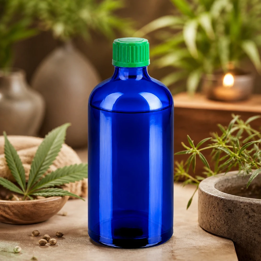Frasco cuentagotas azul de alta calidad de 100 ml de vidrio con tapón verde ecológico para productos naturales