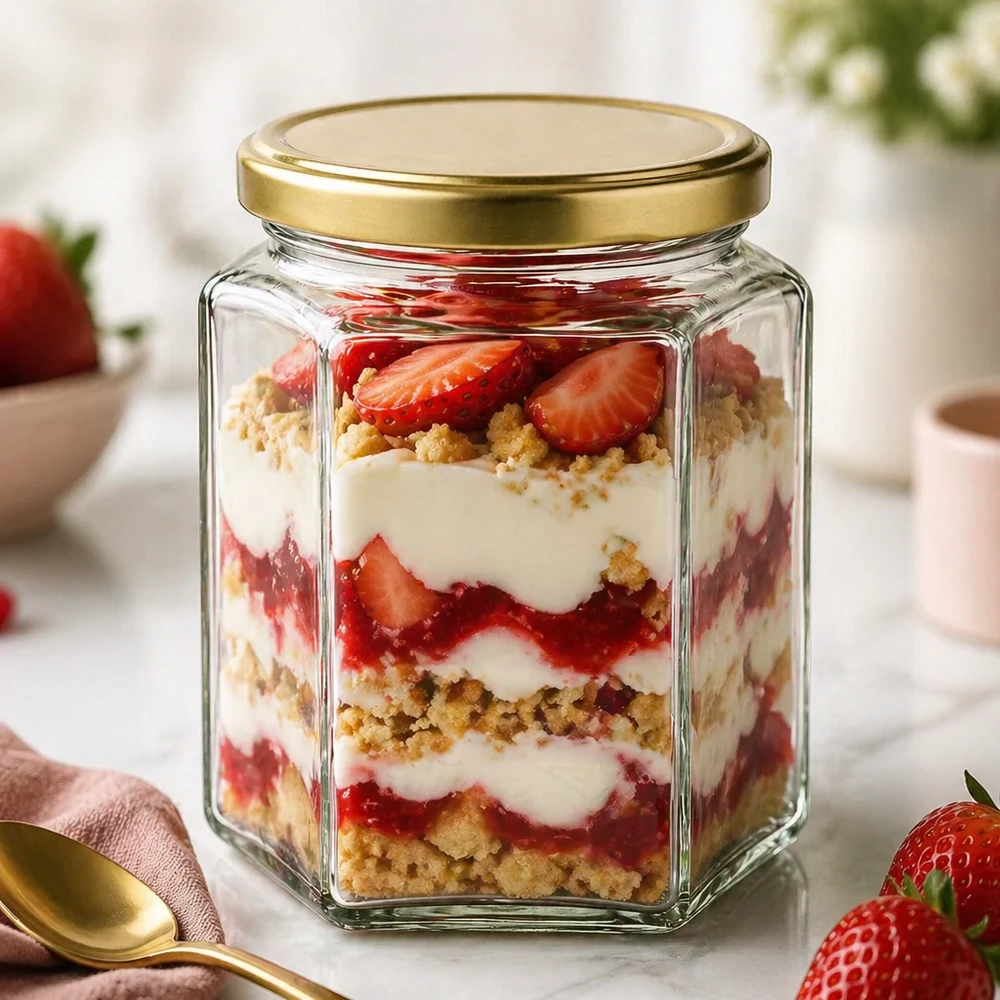 Tarro para miel de 500 g con tapa dorada BasicSeal UNiTWIST Tarro de miel BasicSeal UT de 500 g como tarro de postre para trifle de fresa con migas de galleta de nata tapa hexagonal dorada
