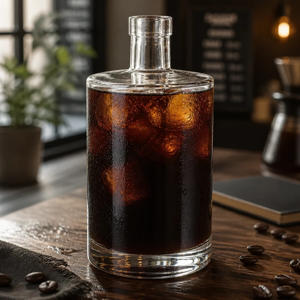 Botella de vidrio de 700 ml «Marie» sin tapón UNiTWIST® Botella de cristal de 700 ml de Marie llena de café cold brew y cubitos de hielo sobre una mesa de madera con granos de café en la cafetería