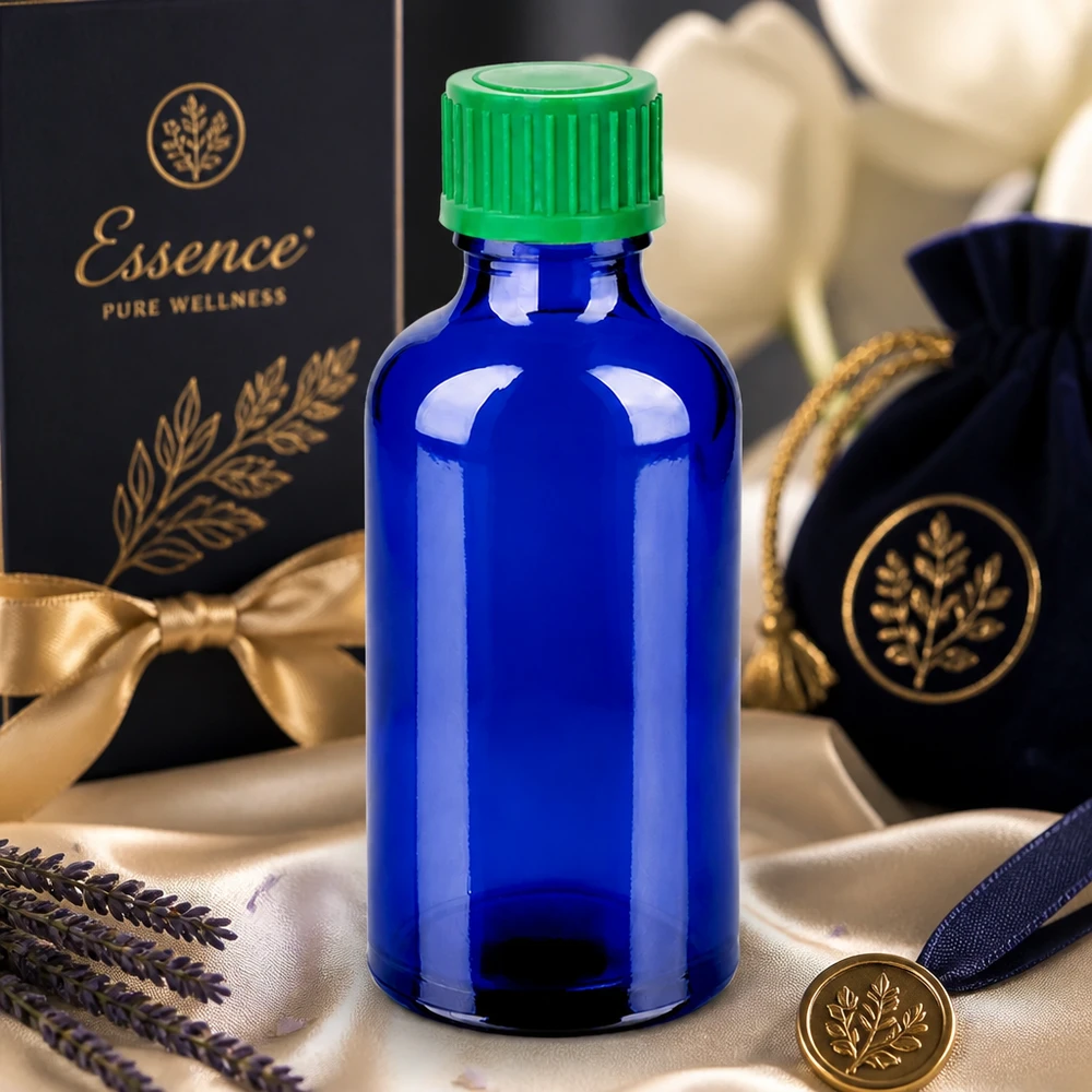 Frasco cuentagotas de 50 ml 0,8 mm verde Cierre estándar BlueLine UT18/50 Frasco de vidrio de 50 ml de alta calidad en azul cobalto con tapón de rosca verde para cosméticos