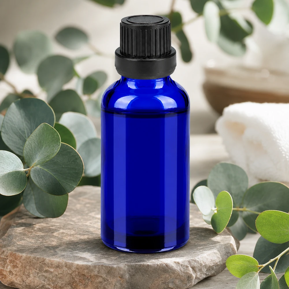 Frasco de 30 ml de vidrio cobalto de alta calidad con tapón de rosca negro para aromaterapia